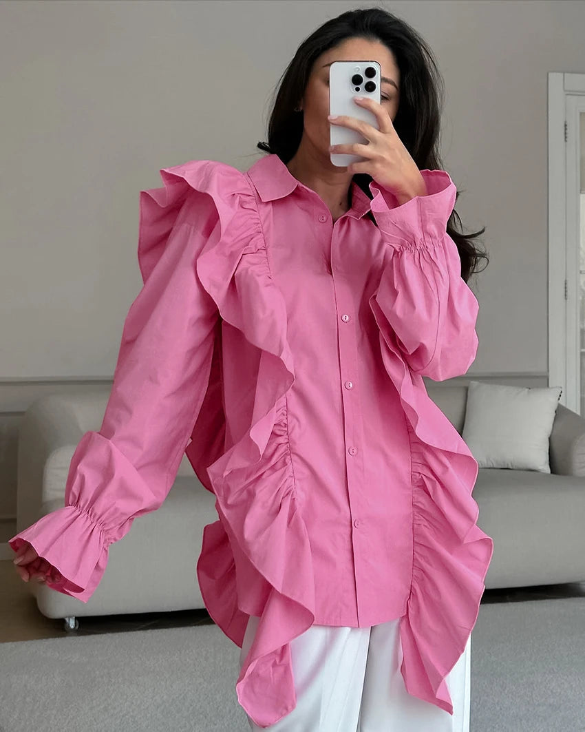 Long Sleeve Frilled Tops for Office Ladies