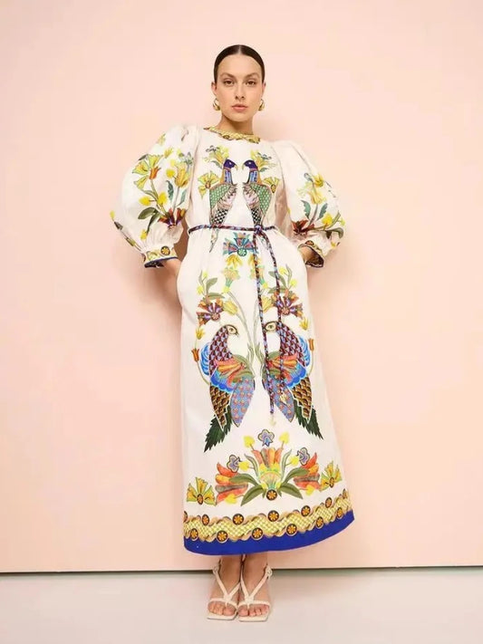 New Bubble Sleeves Loose Casual Lace Up Split Dress