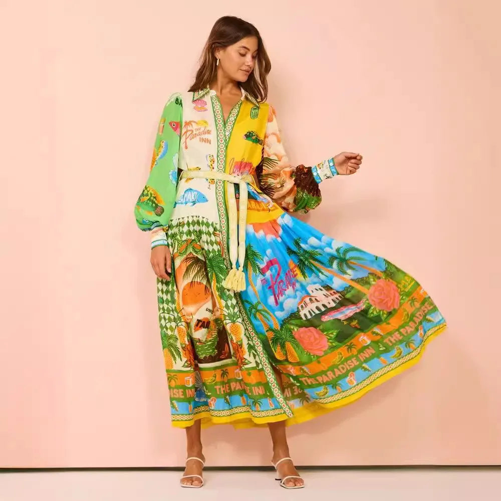 Long Lantern Sleeve Graffiti Print Tie Waist Dress