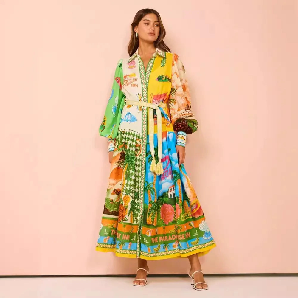 Long Lantern Sleeve Graffiti Print Tie Waist Dress