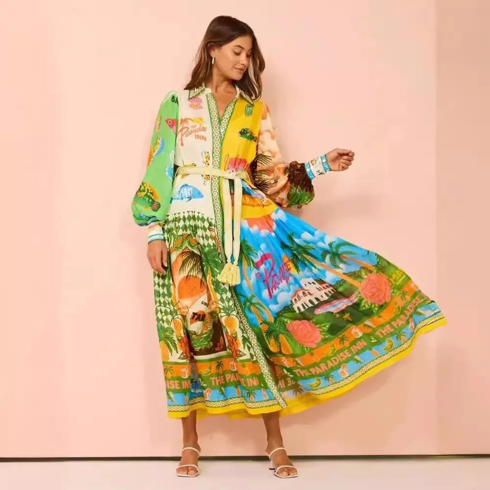 Long Lantern Sleeve Graffiti Print Tie Waist Dress