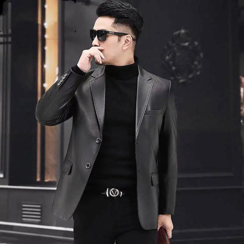 Genuine Leather Blazer Jacket Single-breasted Turn-down Collar