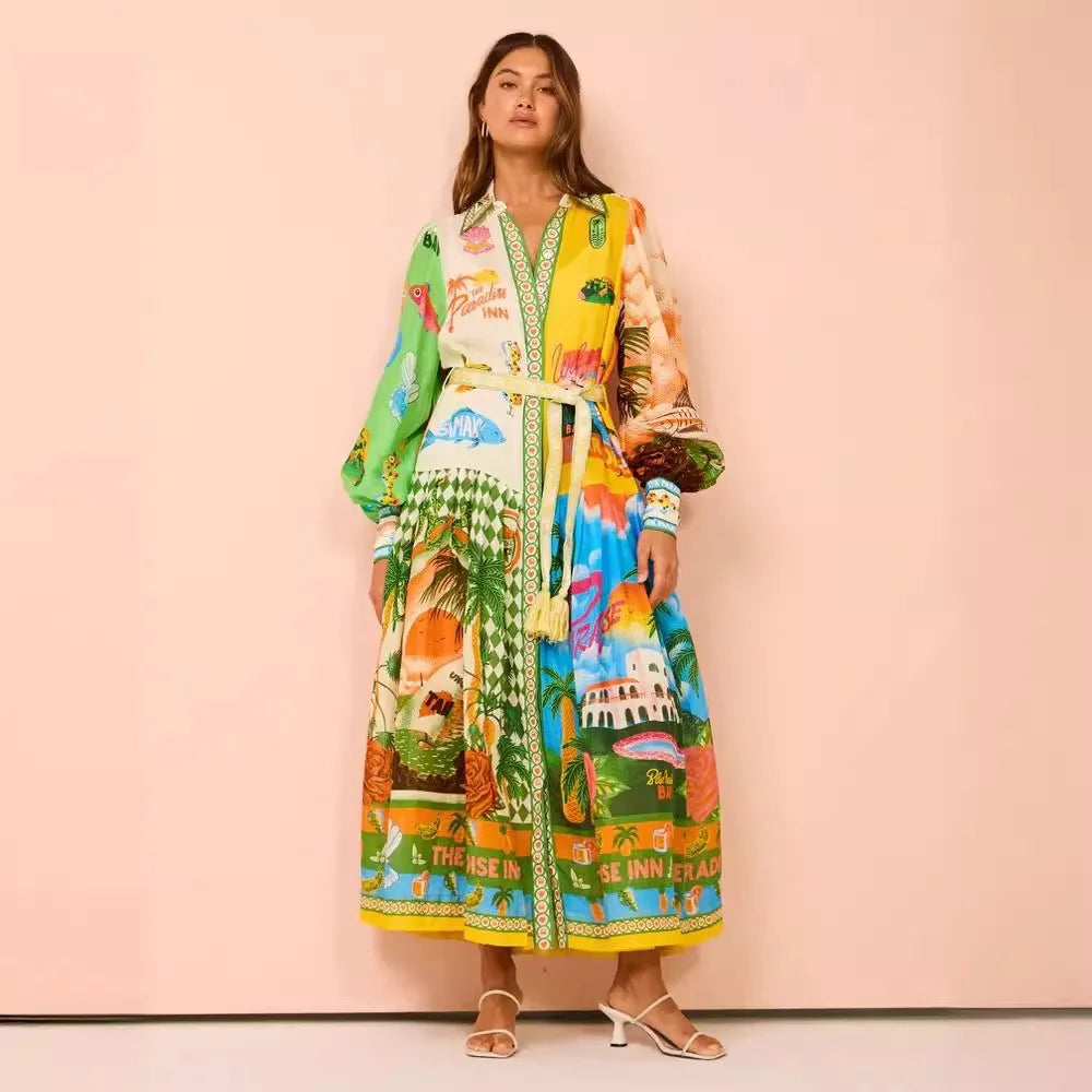 Long Lantern Sleeve Graffiti Print Tie Waist Dress