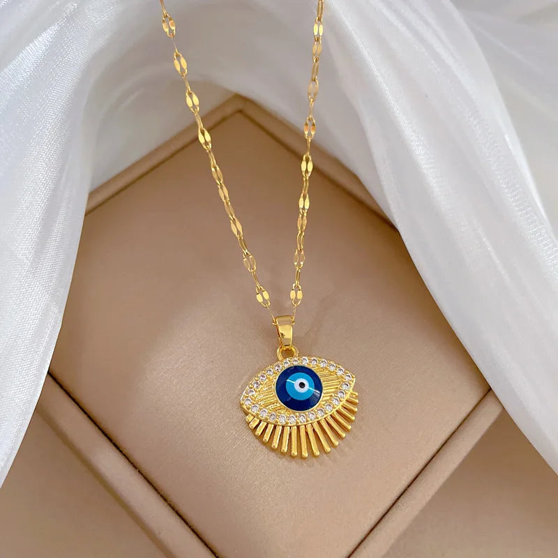 Cubic Zircon Hamsa Blue Eye Eyelash Necklace