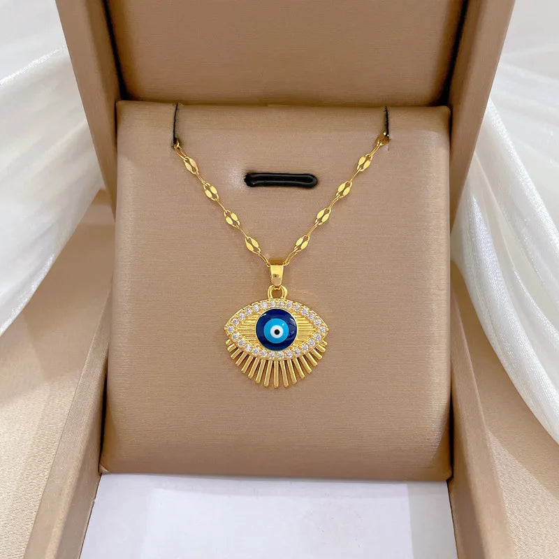 Cubic Zircon Hamsa Blue Eye Eyelash Necklace