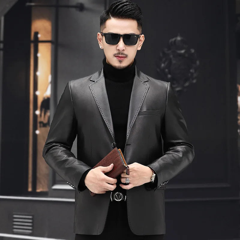 Genuine Leather Blazer Jacket Single-breasted Turn-down Collar
