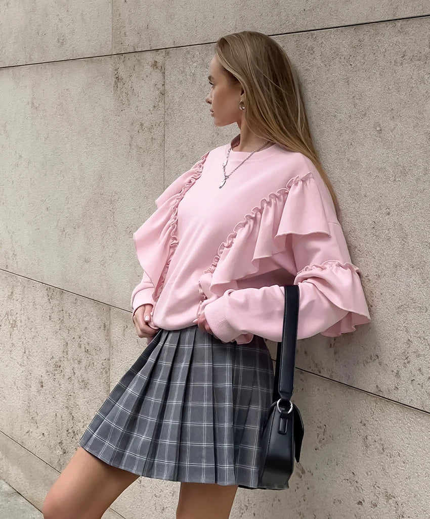 Round Neck Pink Lantern Sleeves Ruffled Top