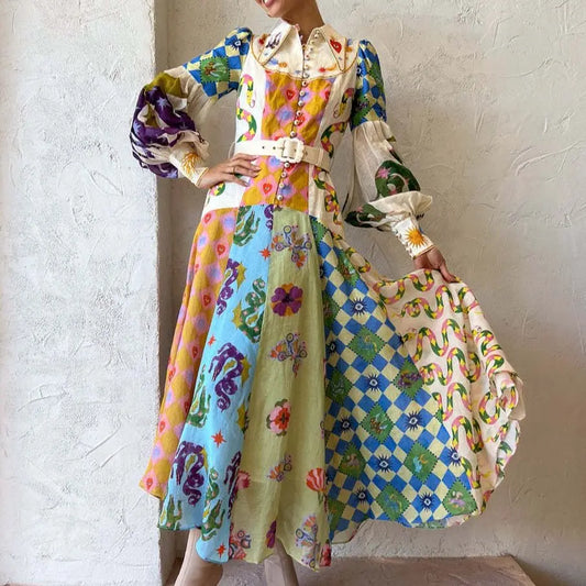 Graffiti Lantern Sleeves Long Dress