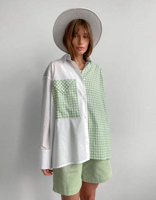 Plaid Green Patchwork White Shirts Long Sleeves Tops
