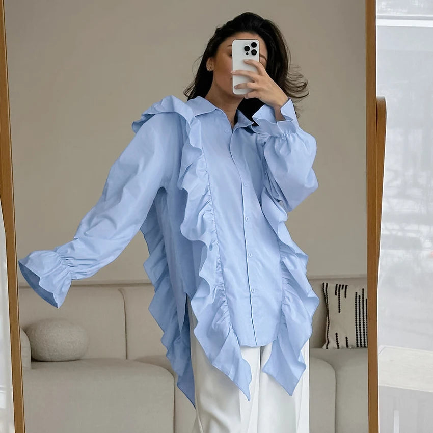 Long Sleeve Frilled Tops for Office Ladies