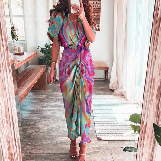 New Style Fashion Printed Long Skirt Shirt Dress